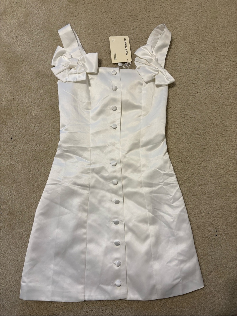Peppermayo White Bow-Shoulder Button Mini Dress